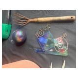 Mixed Lot: Terracotta Pots with Seashells, Hand Tools, and Sprinkler