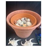 Mixed Lot: Terracotta Pots with Seashells, Hand Tools, and Sprinkler