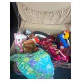 Vintage Suitcase with Assorted Silk Scarves and Tapestry Purse