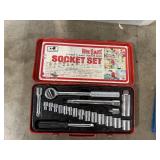 Assorted Tools and Hardware Collection with Socket Sets, Tap and Die Set, Grinder, Submersible Pump, and Fan