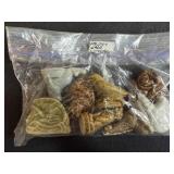 Collection of Vintage Board Game Pieces, Wooden Box, and Knitting Needles