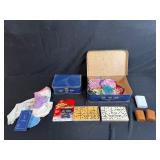 Vintage Assortment: 2 Domino Sets, Johnny Lightning Car, Crochet Doilies, Handkerchiefs, Mini Suitcases