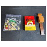Vintage Game Collection: Cootie Box, Folding Cribbage Board, Dice and Chips Lot