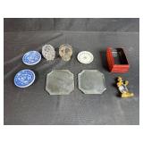 Collection of Miniature Porcelain, Glass and Decorative Items Including Vintage Red Box and Crystal Clown Figurine