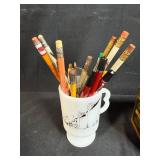 Vintage School and Writing Collectibles Lot with Prang Tin, Autographs Fan, and 1908 Calendar