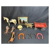 Vintage Western Collectibles Lot with Roy Rogers Horseshoes, Toy Horse, Wagon, Wall Art, and Cowboy Mug