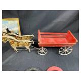 Vintage Western Collectibles Lot with Roy Rogers Horseshoes, Toy Horse, Wagon, Wall Art, and Cowboy Mug