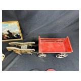 Vintage Western Collectibles Lot with Roy Rogers Horseshoes, Toy Horse, Wagon, Wall Art, and Cowboy Mug