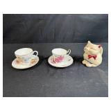2 Bone China Teacup (one Adderley) and Saucer Sets with Ceramic Cat Creamer
