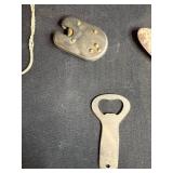 Collection of Vintage Tools and Curios including Padlocks, Wooden Bowl, and Antique Ulu Chopper