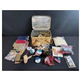 Vintage Sewing Craft Lot with Tin, Fabric, Lace, Beads and Patterns