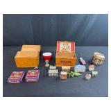 Collection of Wade England and Ireland Porcelain Miniature Buildings with Vintage Boxes and Trinkets