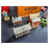 Collection of Wade England and Ireland Porcelain Miniature Buildings with Vintage Boxes and Trinkets