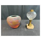 Artisan Raku Pottery Vase and Antique Victorian Glass Oil Lamp