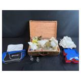 Vintage Glass Oil Lamp Parts in Suitcase, Puzzle Trays, and Liberty Bank Pouch