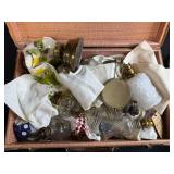 Vintage Glass Oil Lamp Parts in Suitcase, Puzzle Trays, and Liberty Bank Pouch