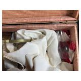 Vintage Glass Oil Lamp Parts in Suitcase, Puzzle Trays, and Liberty Bank Pouch