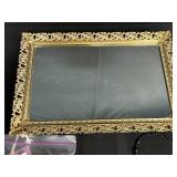 Vintage Ornate Metal Mirror Tray, Jewelry Assortment, and Mini Perfume Bottles