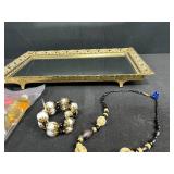 Vintage Ornate Metal Mirror Tray, Jewelry Assortment, and Mini Perfume Bottles