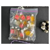 Vintage Ornate Metal Mirror Tray, Jewelry Assortment, and Mini Perfume Bottles