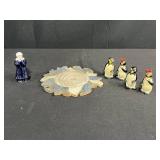 Vintage Penguin and Eskimo Figurines Lot with Decorative Ceramic Plate