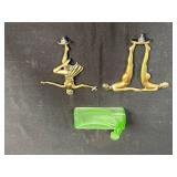 Art Deco "Nude Woman" Glass Trinket Dish and Pair of Brass Ballerina Finials