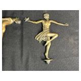 Art Deco "Nude Woman" Glass Trinket Dish and Pair of Brass Ballerina Finials