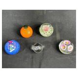 Set of 5 Art Glass Paperweights with Floral and Fruit Designs
