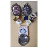 Tudor Rose Collection Round Candy Dish, Fine China Vase, and ornate floral picture frames