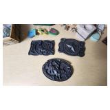 Lot of Home and Garden Decor Items including Metal Plaques, Baskets, and Figurines