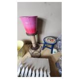 Various Household Items Including Decorative Planters and Hooks, Small Stool, and Fencing Pieces