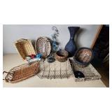 Wicker Baskets and Decorative Items Assortment including Large Vase, Wire Tray, and Figurines