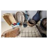 Wicker Baskets and Decorative Items Assortment including Large Vase, Wire Tray, and Figurines