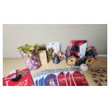 Christmas and Holiday Decor Lot including Gift Bags, Ornaments, and Wrapping Accessories