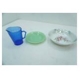 Vintage Fire King Jadeite Alice Pattern Saucer, Hazel-Atlas Shirley Temple Cobalt Blue Glass Creamer Pitcher