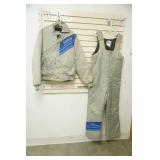 Vintage Ski-Doo "Formula" Snowmobile Jacket and Bib Set in Light Grey with Blue Stripes. New condition.