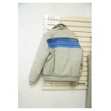 Vintage Ski-Doo "Formula" Snowmobile Jacket and Bib Set in Light Grey with Blue Stripes. New condition.