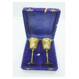 Set of Vintage Brass Wine Goblets and Purple Case