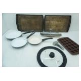 Frying Pans, Cookie Sheets, Ice Cube/Baking Cube Tray, Chromo Serving Platter, Large Pan Lid