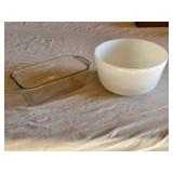 Pyrex Baking Dishes including Glass Loaf Pan model 213-R and White Mixing Bowl