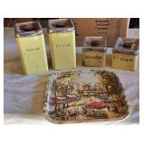 Vintage Yellow Metal Canister Set with Tray - Sugar, Flour, Coffee, Tea Canisters and Decorative Tray