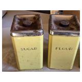 Vintage Yellow Metal Canister Set with Tray - Sugar, Flour, Coffee, Tea Canisters and Decorative Tray