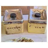 Vintage Yellow Metal Canister Set with Tray - Sugar, Flour, Coffee, Tea Canisters and Decorative Tray