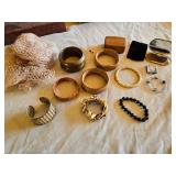 Assorted Jewelry and Accessories Lot including Bracelets, Wooden Bracelets, Boxes, and Award