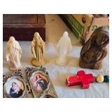 Religious Items Collection including Crosses, Rosaries, and Figurines