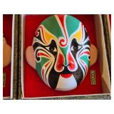 Decorative Chinese Opera Masks in Display Boxes including Guan Yu, Dou Er Dun, Wu Tian Qiu, and Yellow Mask - Approx. 4"