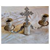 Pair of Ornate Silver-Plated Candle Holders with Cross Design