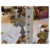 Pair of Ornate Silver-Plated Candle Holders with Cross Design