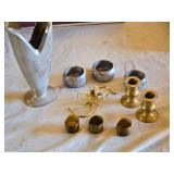 Mixed Metal Decorative Items including Candlestick Holders, Mini Bowls, and Vases