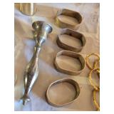 Assorted Brass and Metal Decorative Items Including Plates, Shoe Figurine, Napkin Rings and Knobs